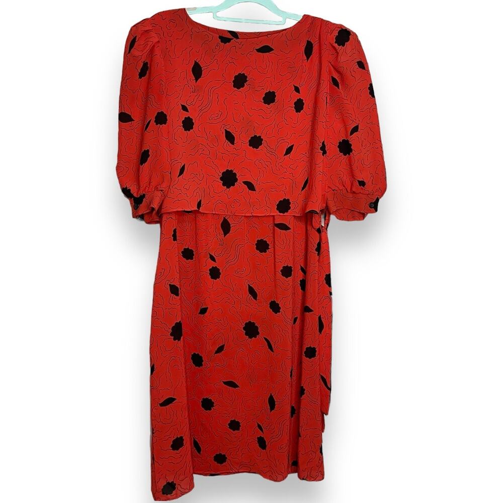 Vintage JB Too Midi Dress Women's L Red Floral Print Grannycore Modest 80s 90s